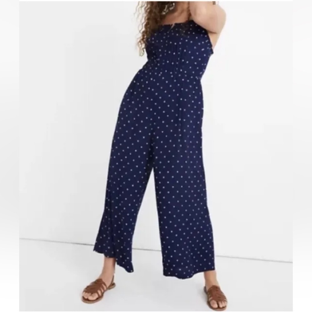 Madewell | Navy Blue V-Back Wide-Leg Jumpsuit in Polka Dot Size 12
